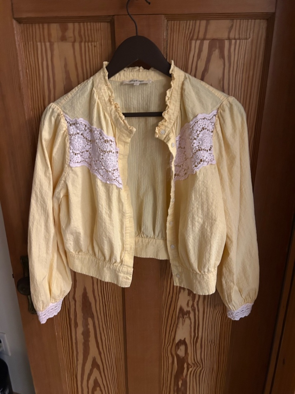 Cropped Yellow Lace-Trim Button Up Blouse -  Lightweight Layer